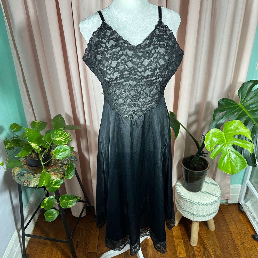 Vintage Fray Pruf 1950s Black Lace‎ Slip Dress Side Zip Lingerie Glam 37" Bust